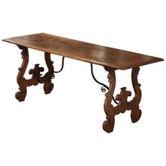 Antique 18th Century Italian Baroque Carved Walnut and Wrought Iron Trestle Dining Table