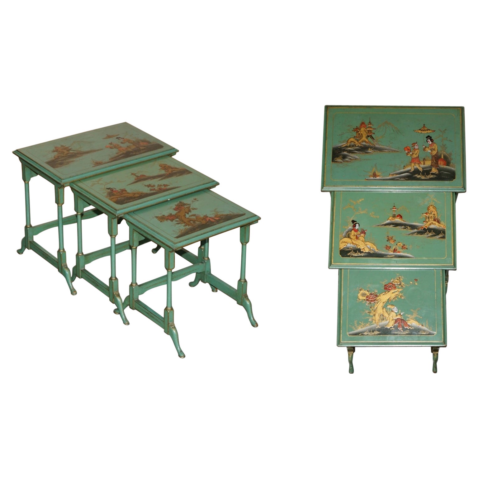 NEST OF THREE ANTIQUE CIRCA 1920 CHINESE CHINOISERIE SiDE TABLES HAND PAINTED For Sale