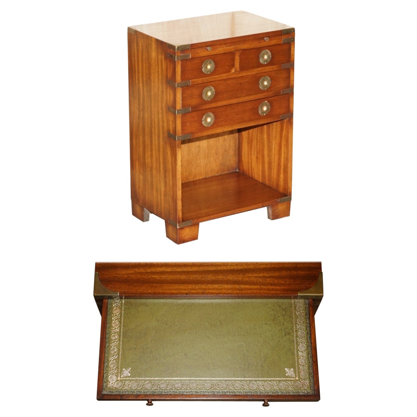 VINTAGE MESA LATERAL DE MADERA DURA Y CUERO VERDE DE CAMPAÑA MiLITARIA en venta