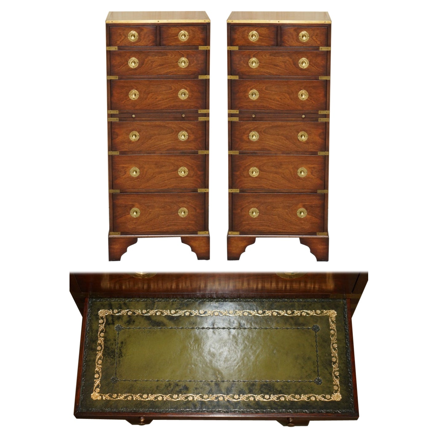 PAIR OF VINTAGE MiLITARY CAMPAIGN TALLBOY CHESTS OF DRAWERS GREEN LEATHER TRAYS For Sale