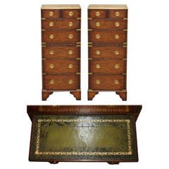 PAIR OF VINTAGE MiLITARY CAMPAIGN TALLBOY CHESTS OF DRAWERS GREEN LEATHER TRAYS