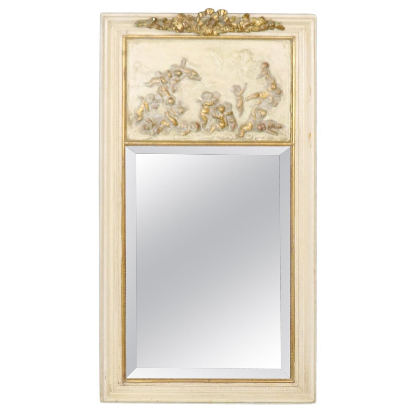 Rare Antique French White and Gold Gilded Carved Cherub Putti Mirror Circa 1900 For Sale
