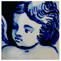Retro Blue Hand Painted Baroque Cherub or Angel Portuguese Ceramic Tile Azulejo