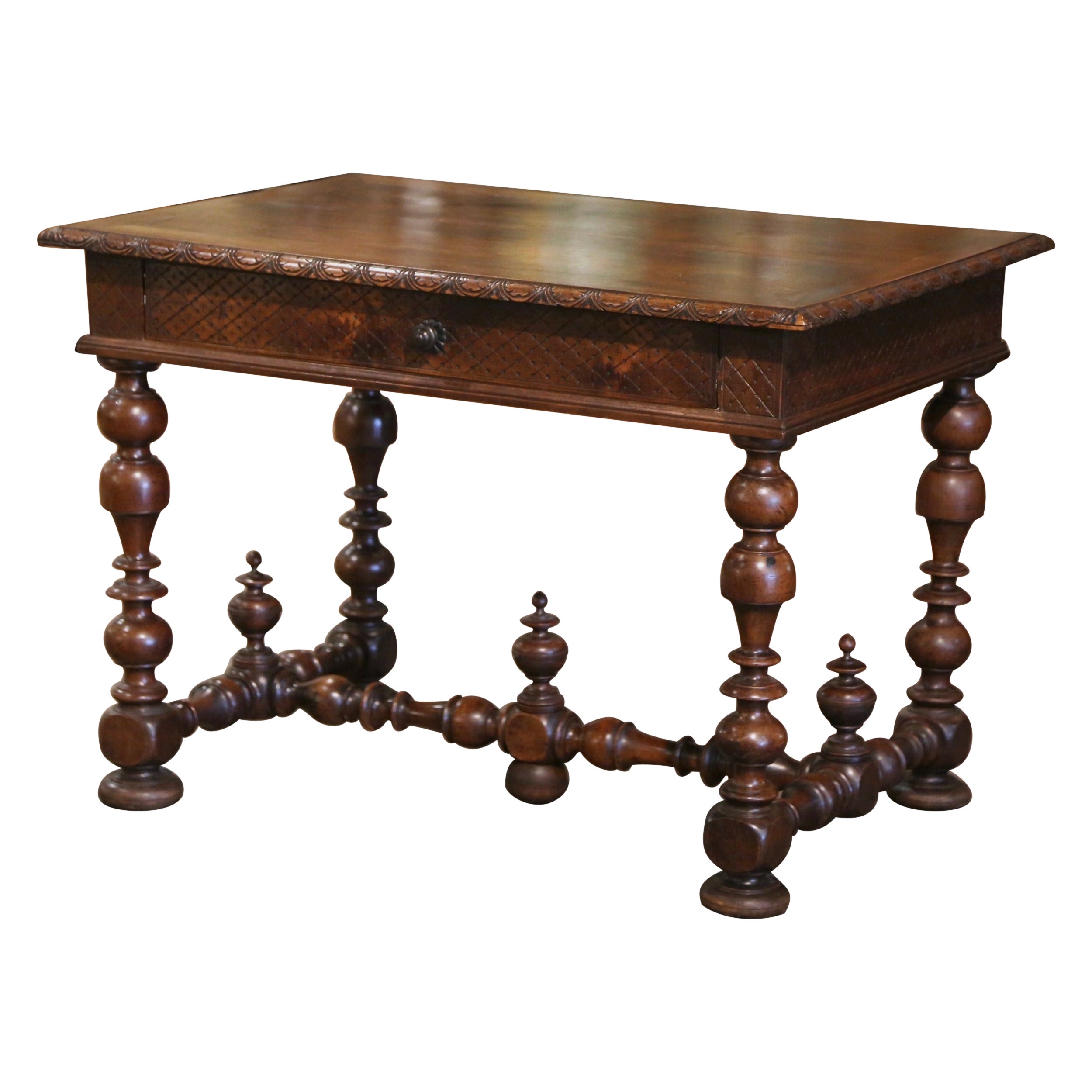 18th Century French Louis XIII Carved Walnut Turned-Leg Side Table with Drawer