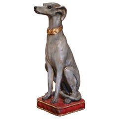 Escultura italiana vintage de madera tallada policromada de perro galgo