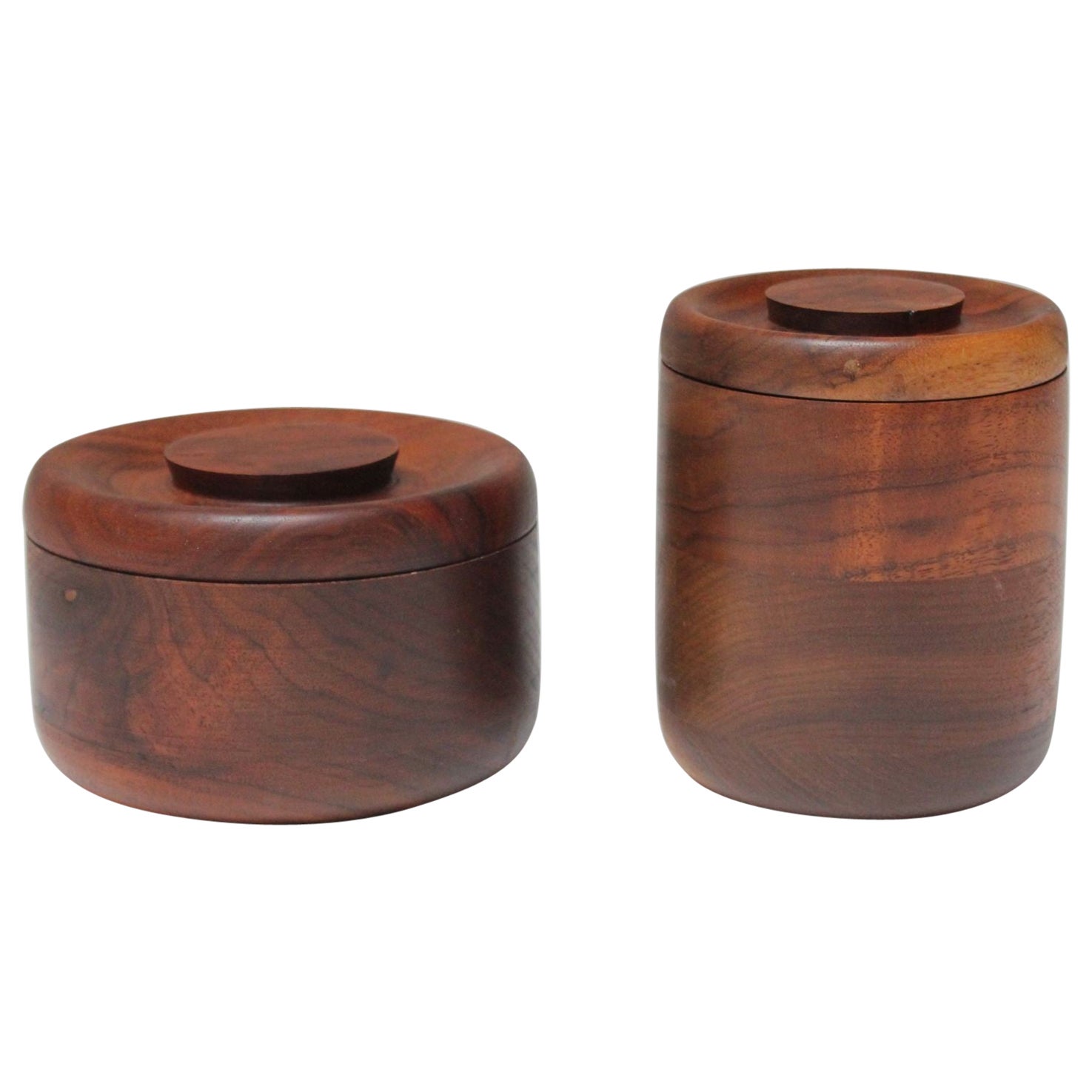 Set of Two Signed Scandinavian Modern Walnut Decorative Lidded Jars / Canisters For Sale