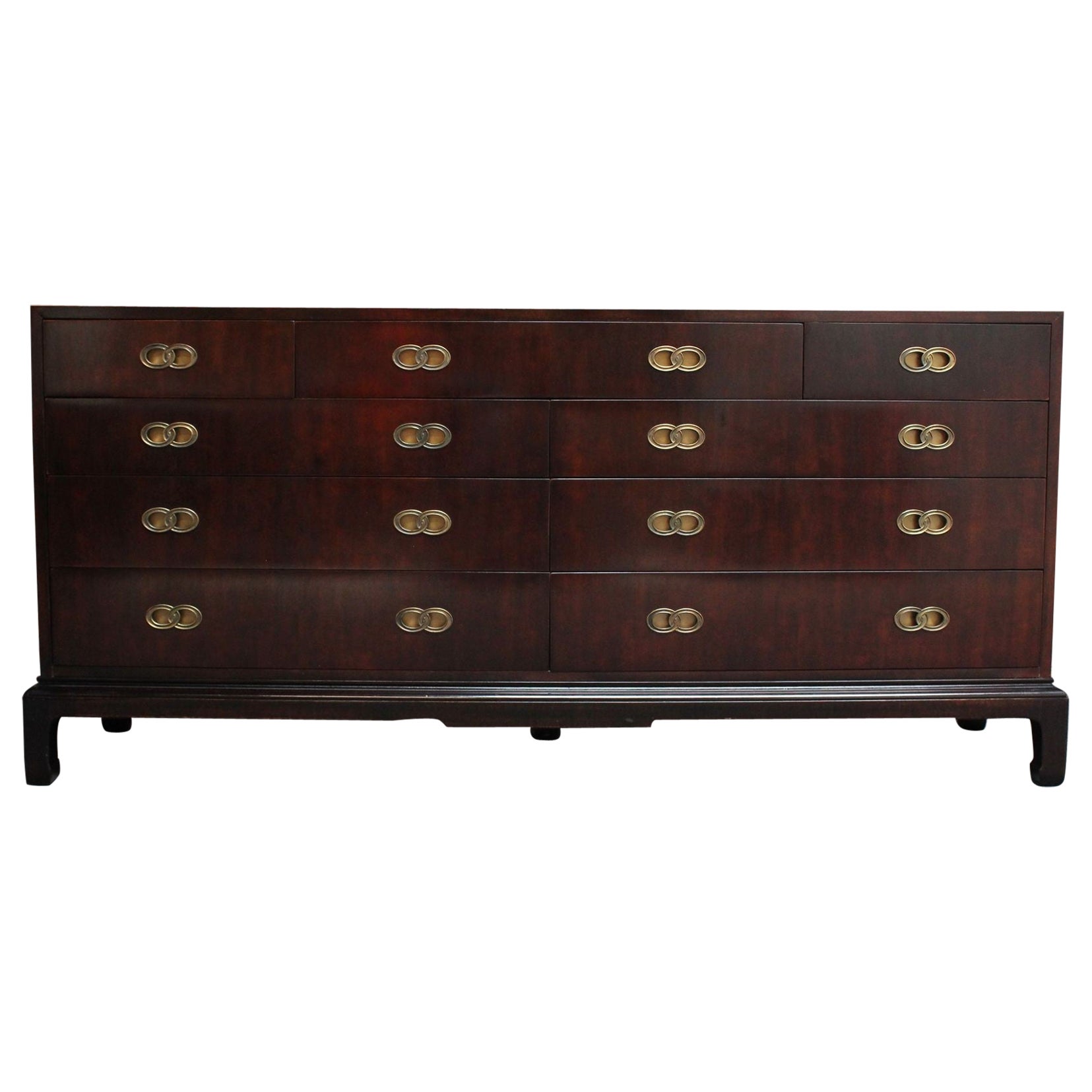 Vintage Stained Satinwood Nine-Drawer Dresser with Brass Pulls by Henredon For Sale