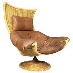 Rattan and Leather Swivel Lounge Chair, Gerard Van Den Berg, Netherlands, 1970