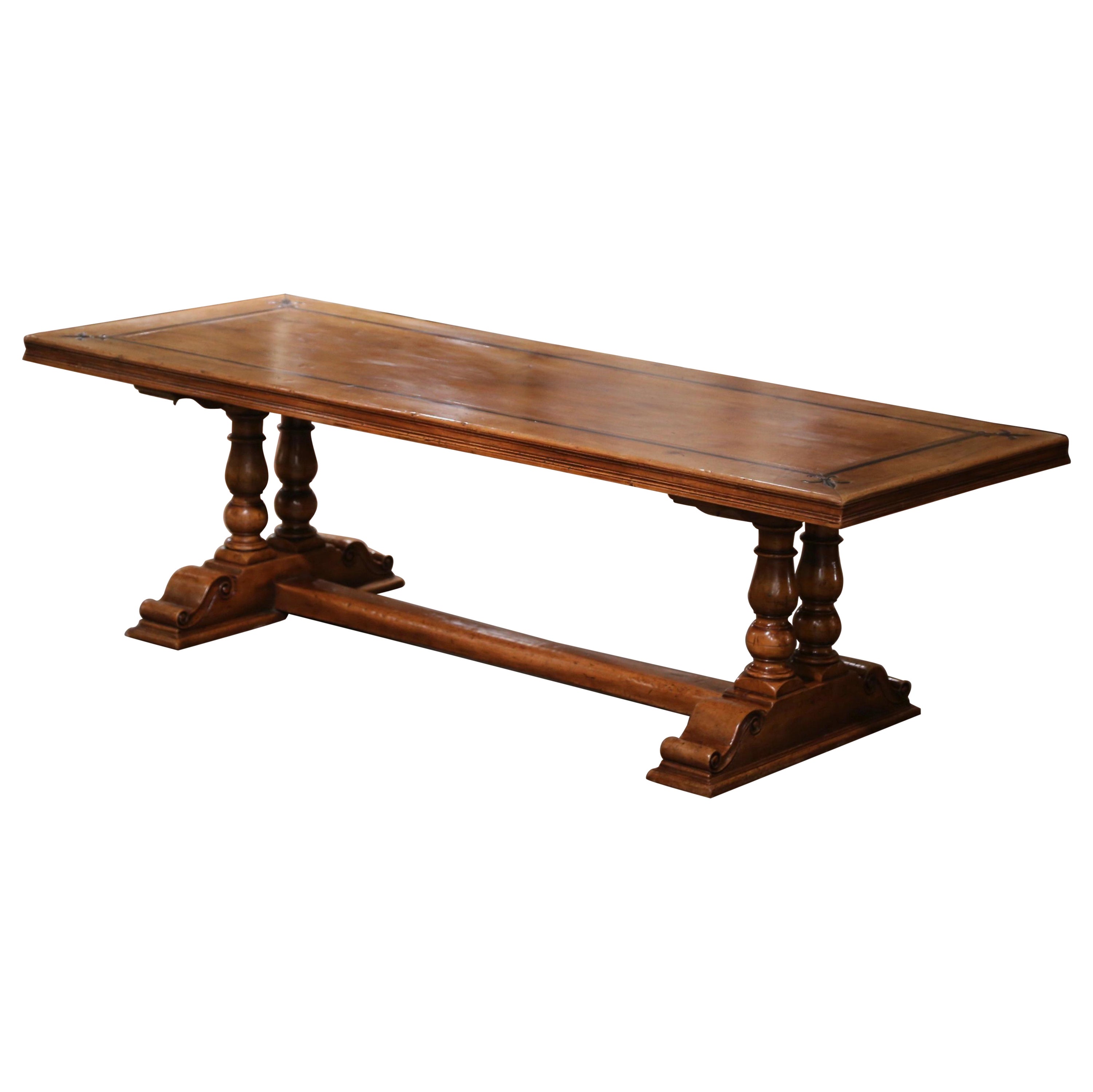  French Louis XIII Carved Walnut Trestle Dining Table with Fleur de Lys Decor