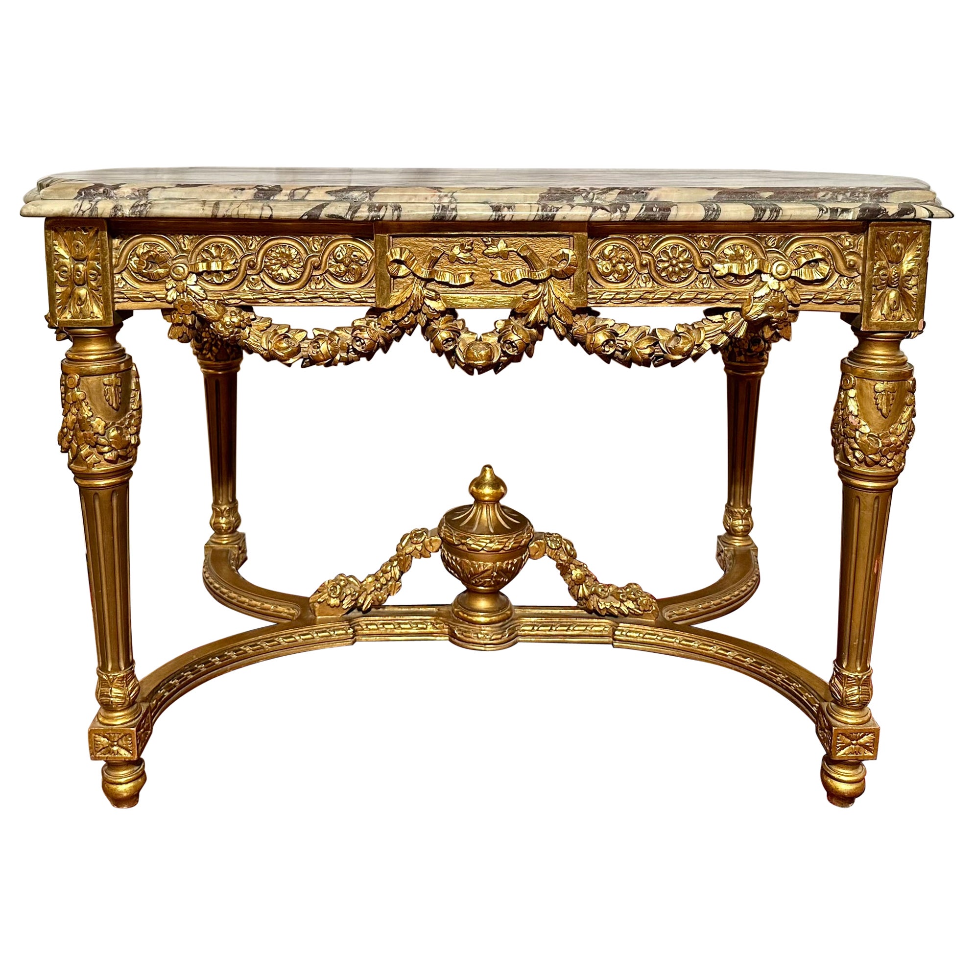 Antique French Louis XVI Tavolo da centro in foglia d'oro con piano in marmo, CIRCA 1900.