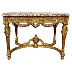 Antique French Louis XVI Gold Leaf Center Table with Marble Top, Circa 1900.