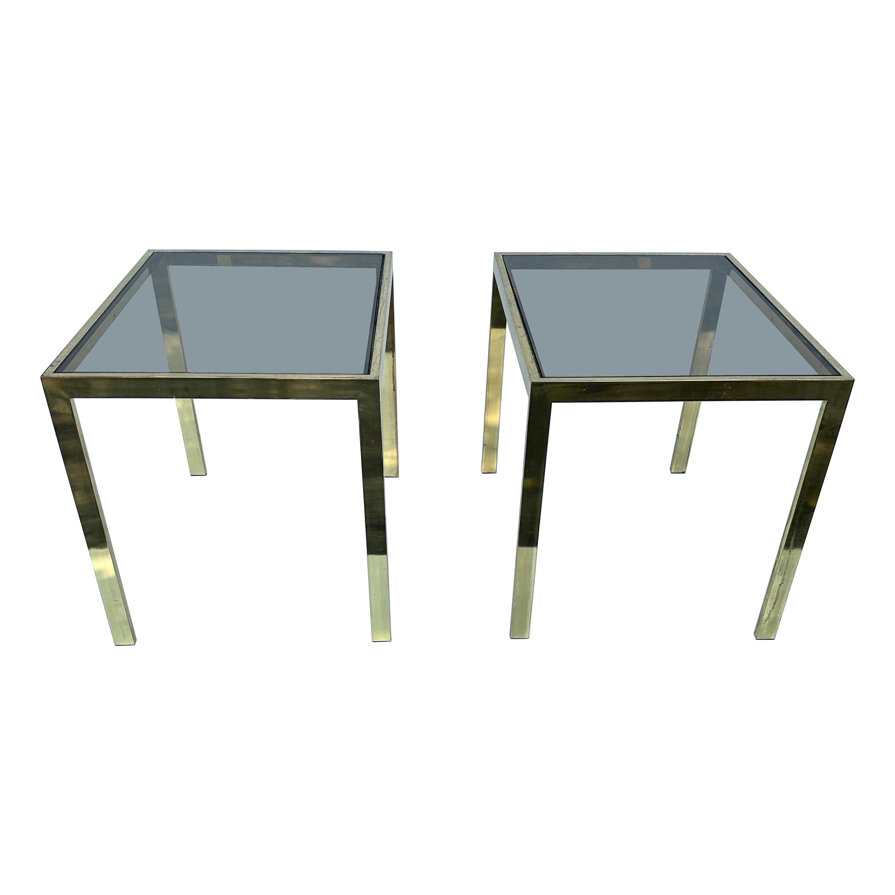 Pair of Milo Baughman Style Side Brass and Smoke glass side table  For Sale