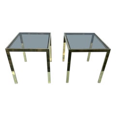 Pair of Milo Baughman Style Side Brass and Smoke glass side table 