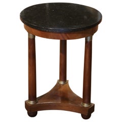 Antique 19th Century Empire Marble Top Carved Walnut Side Table with Bronze Mounts