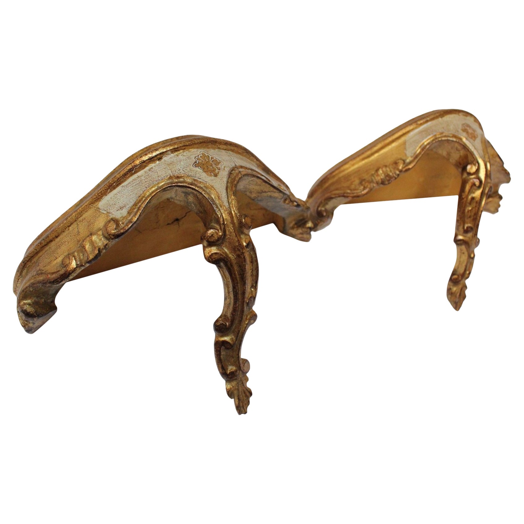 Pair of Vintage Florentine Giltwood Wall Brackets/Shelves with Rocaille Flourish For Sale
