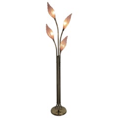 Lampada da terra in vetro artistico e ottone anni '70 a forma di fiore floreale