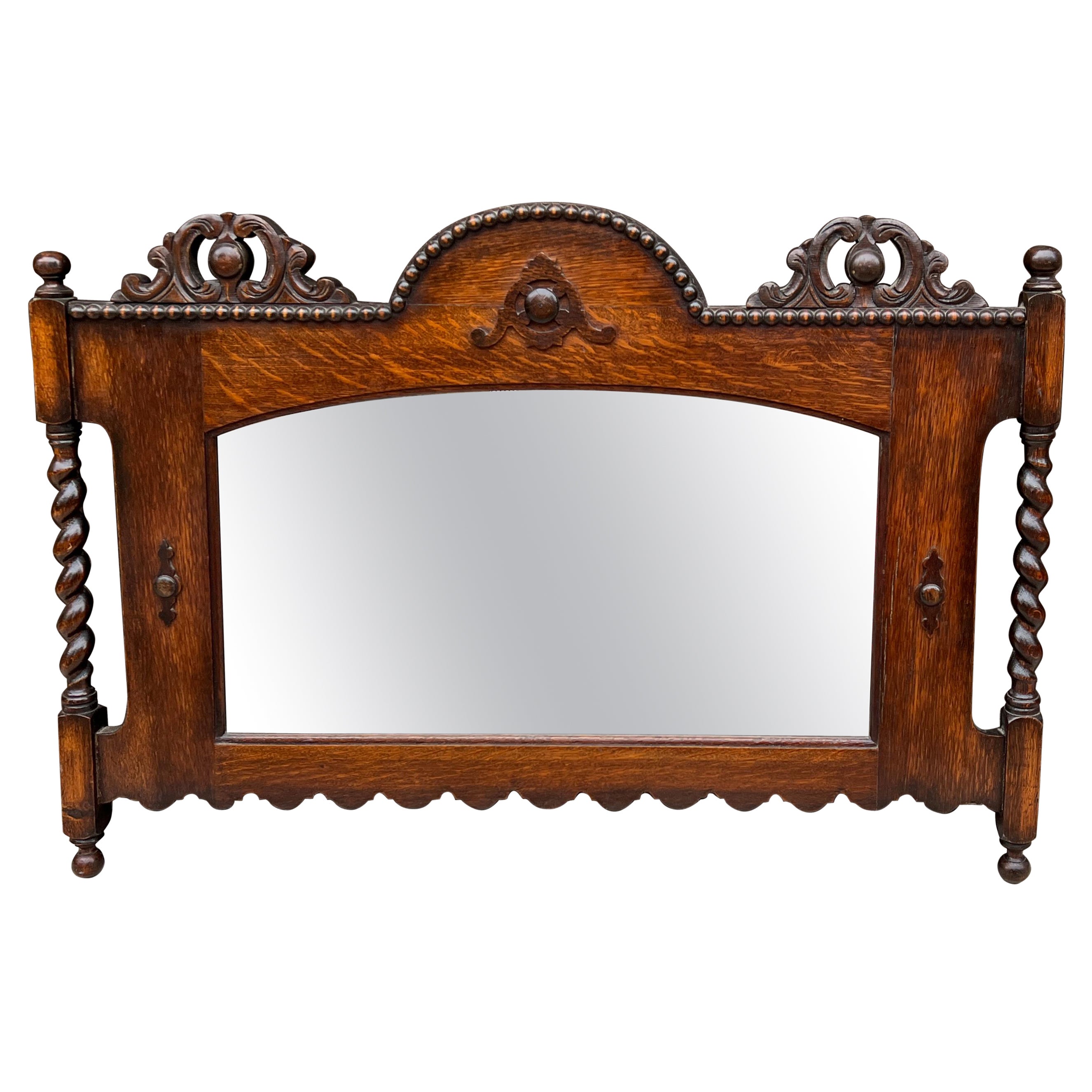 Antique English Mirror Rectangular Barley Twist Post Jacobean Oak 1930's For Sale