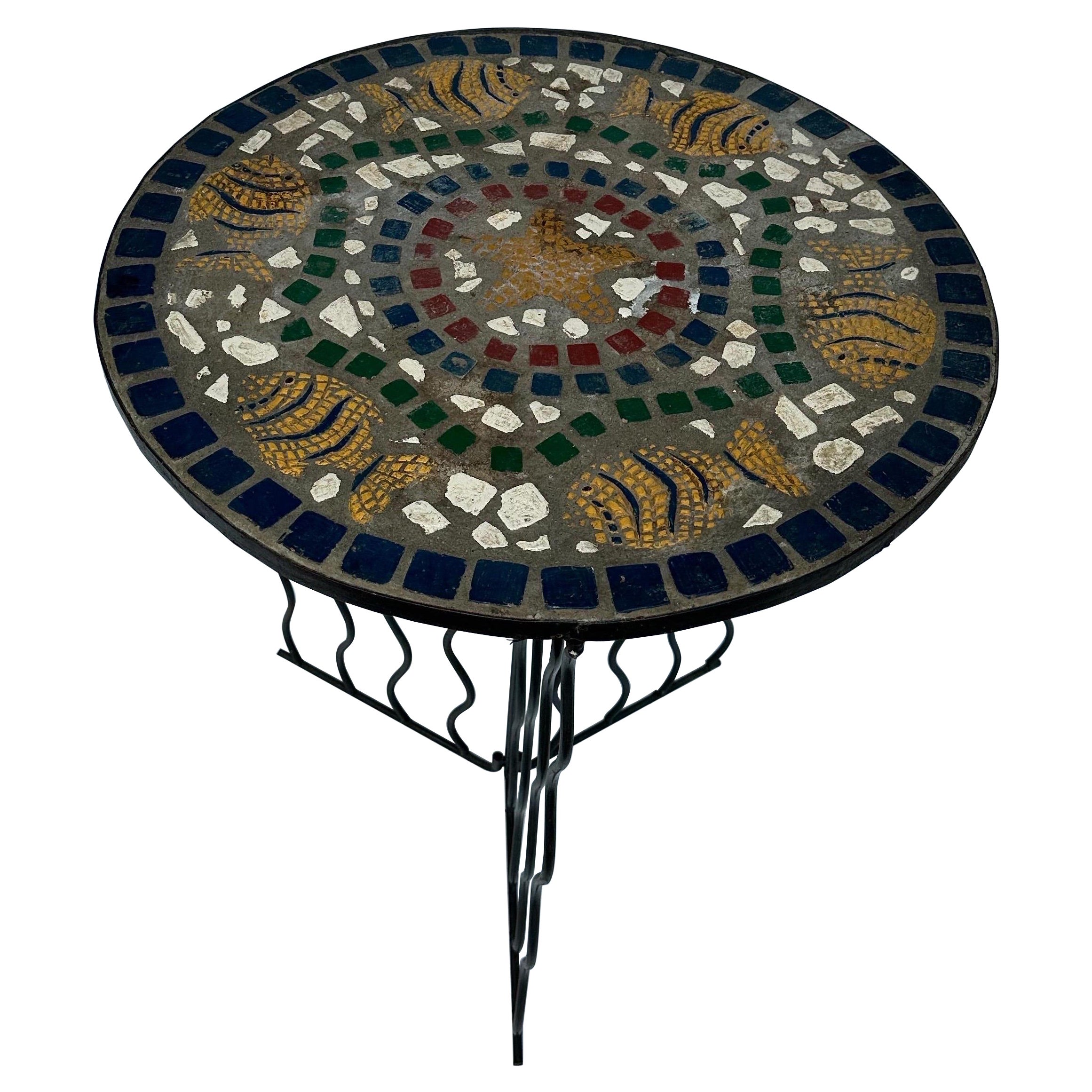 Vallauris mosaic and wrought iron round side table  For Sale