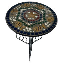 Used Vallauris mosaic and wrought iron round side table 