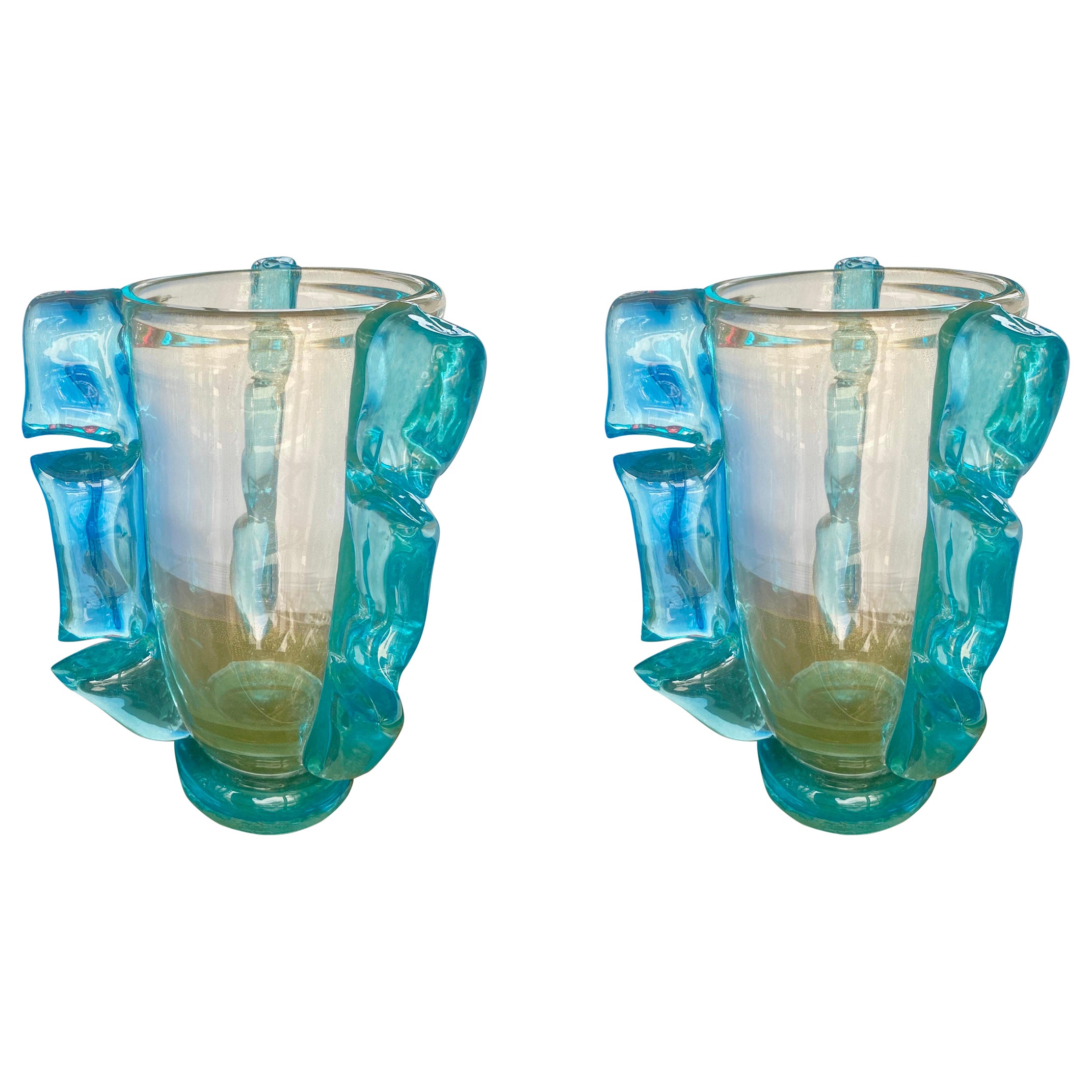 Pair of Murano Vases with Gold Inclusion and Aqua Wings For Sale