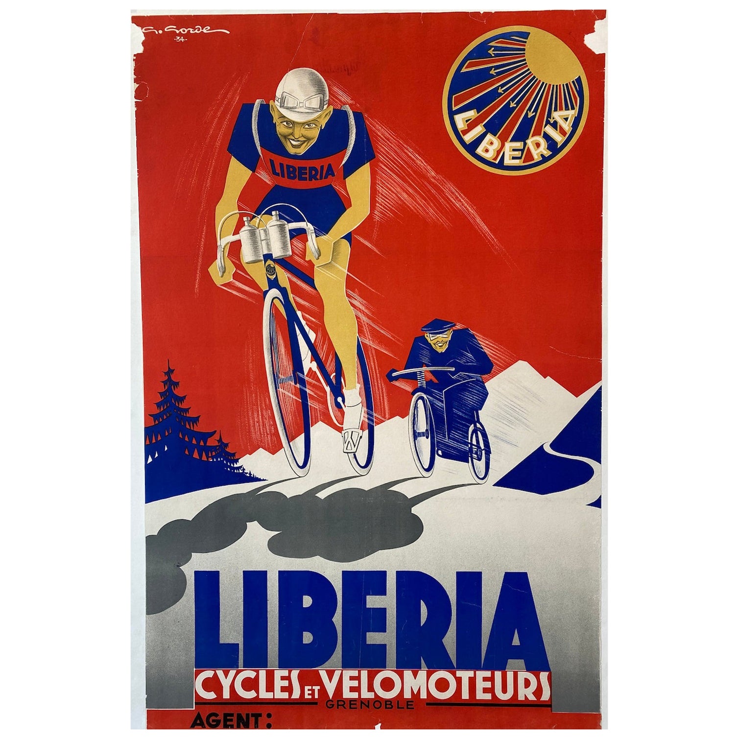 Art Deco Original Vintage Poster, 'LIBERIA CYCLING', 1934  For Sale