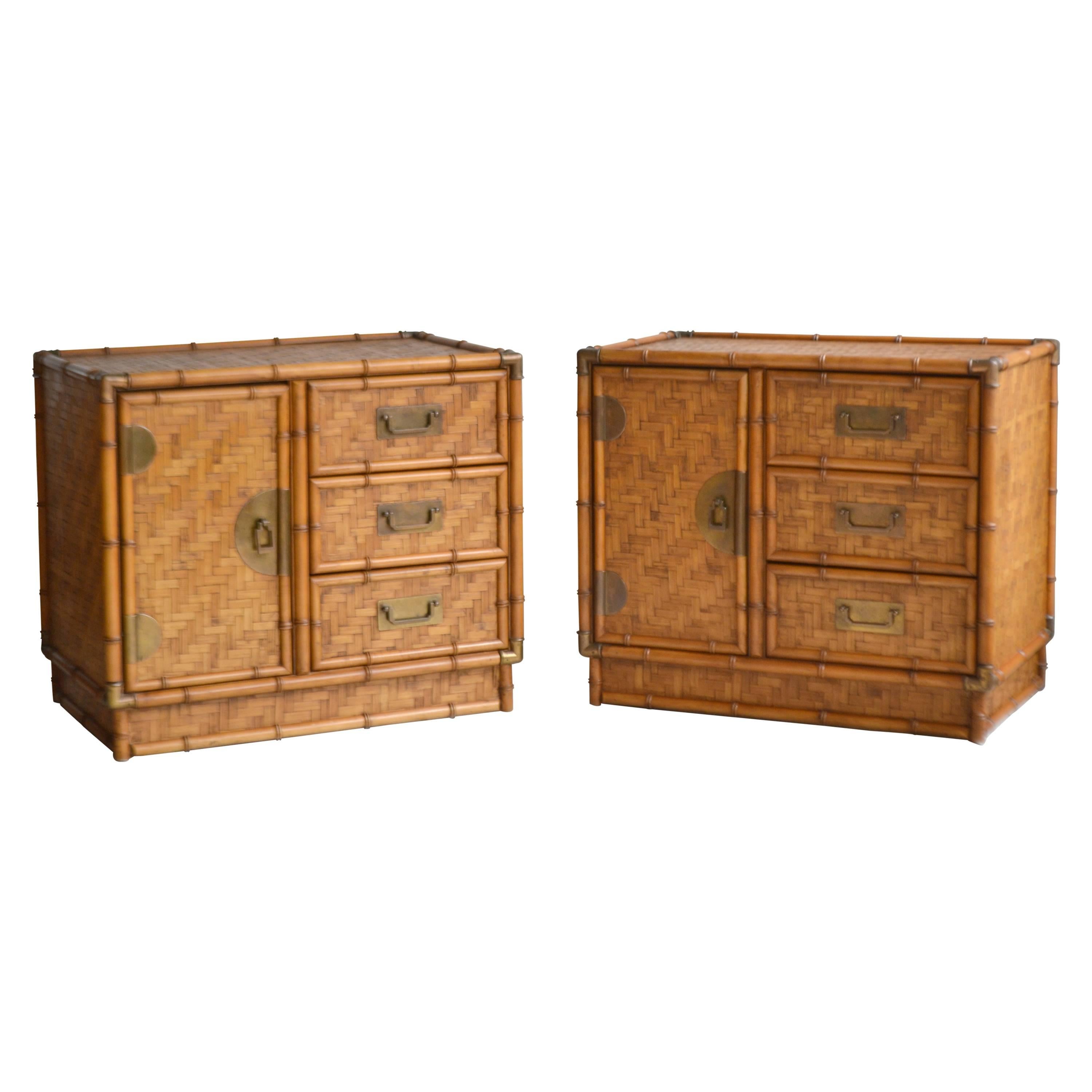 Pair of Mid-Century Woven Reed Nightstands or Side Cabinets