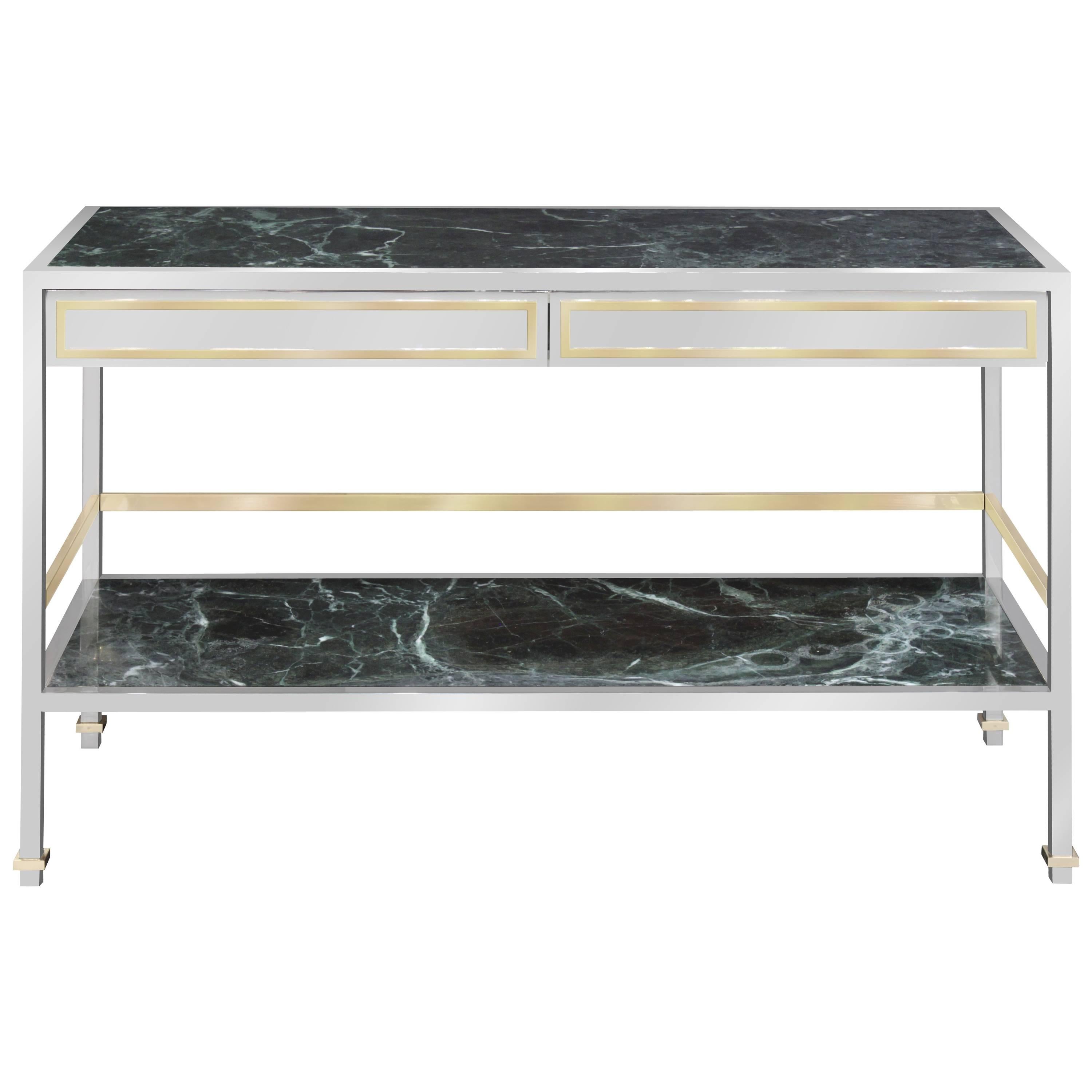 Console Table/Dry Bar in Polished Steel with Inset Marble by Paul M. Jones