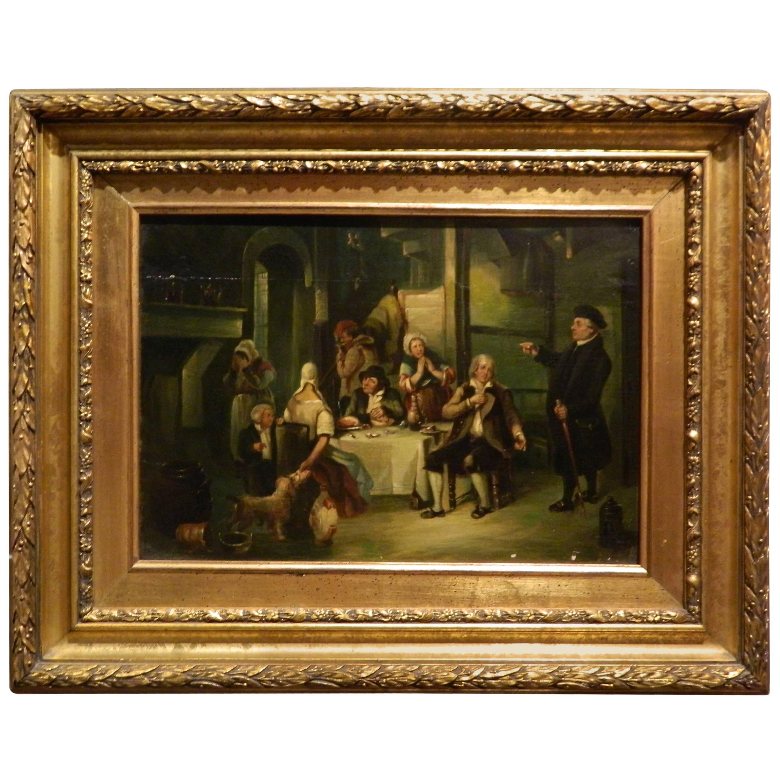 Oil on Board "At Dinner" by Sir David Wilkie in a Giltwood Frame, 19th Century