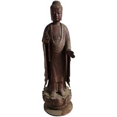 19th Century Japanese Carved Wood Buddha Figure Standing on Lotus "Amida"