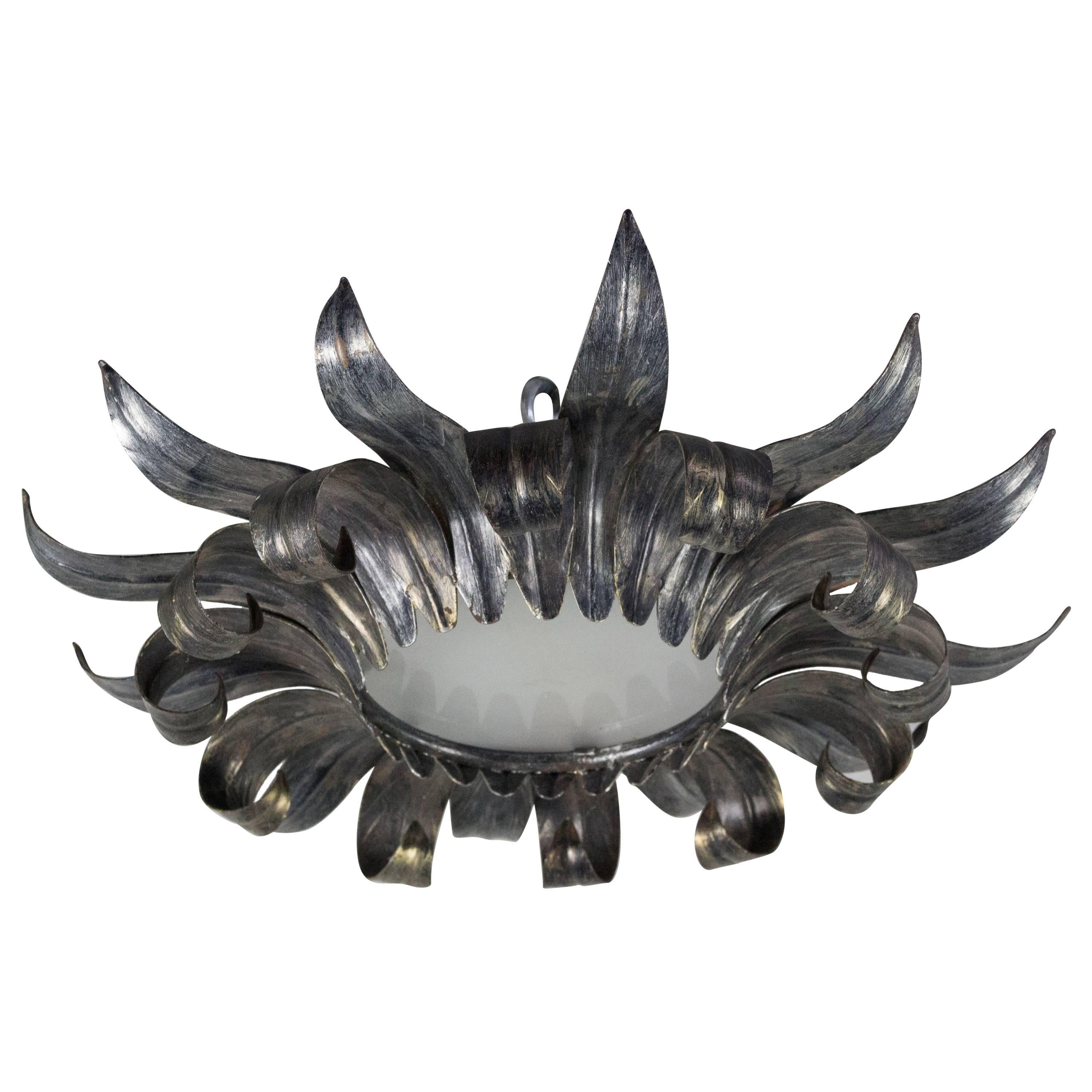 French 1950's Silvered Curved Flush Mounted Sunburst Ceiling Fixture 