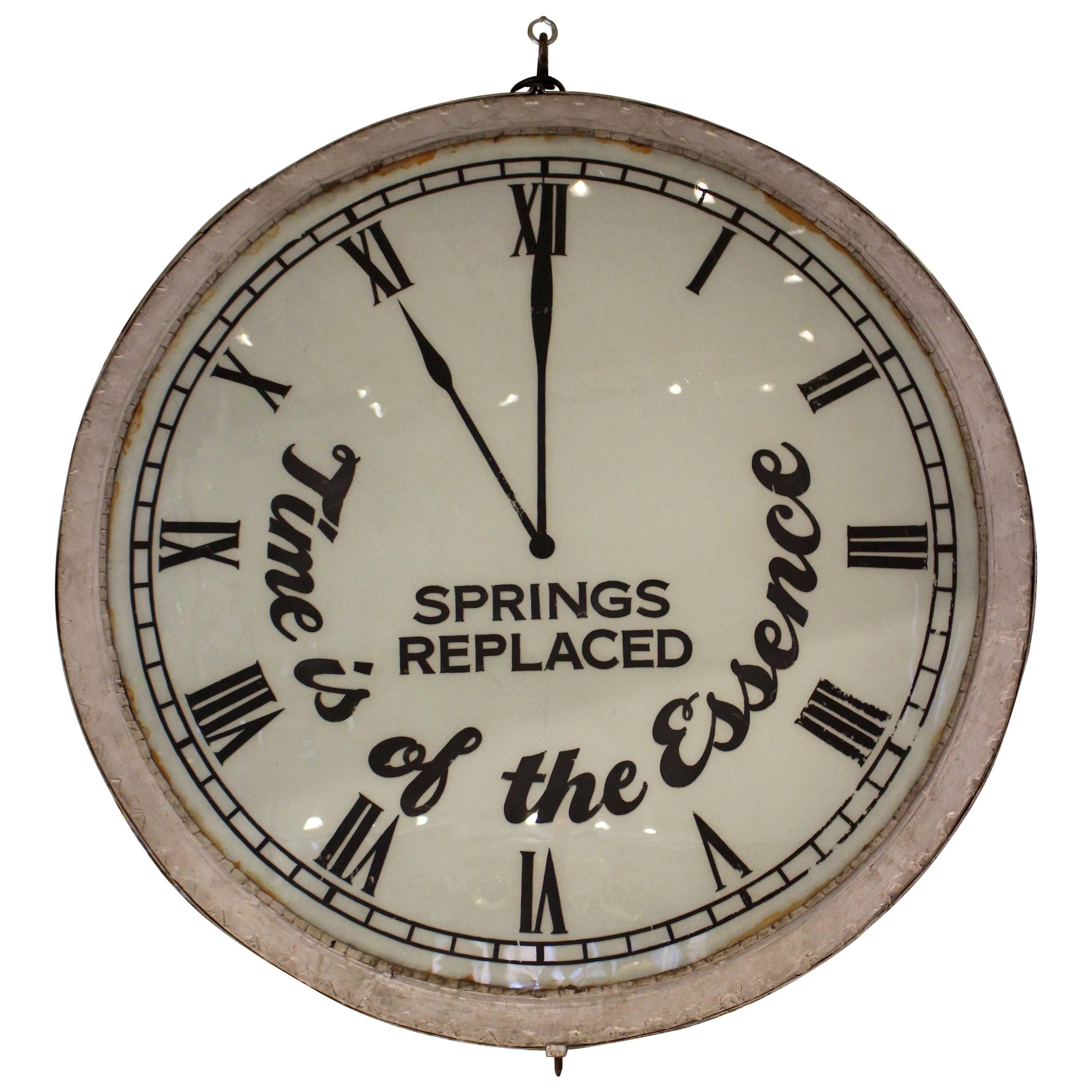 Vintage Oversized "Time is of the Essence" Clock-shaped Clockmaker Metal Sign For Sale