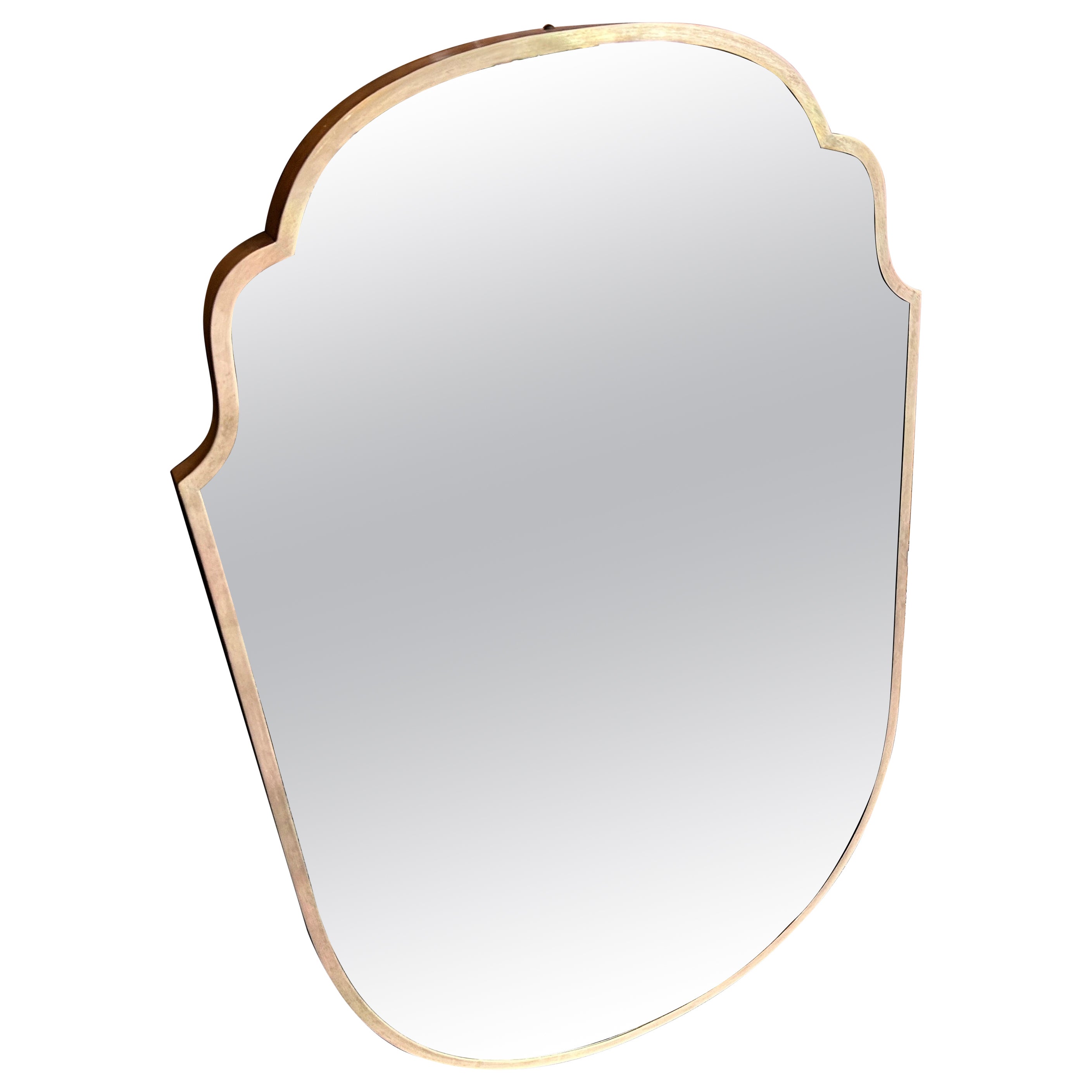 1950s Gio Ponti Style Mid-Century Modern Brass Well Shaped Italian Wall Mirror For Sale