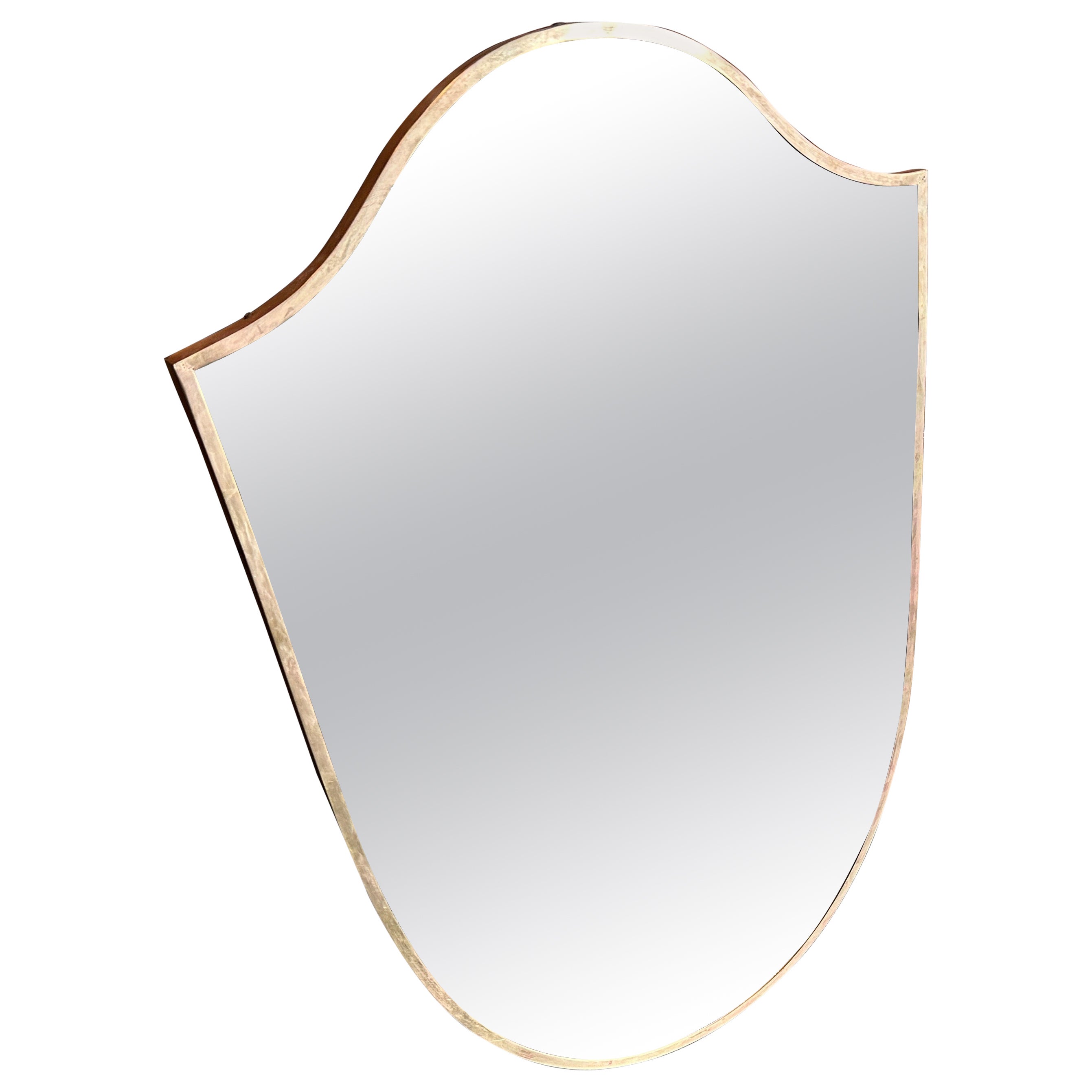 1950s Gio Ponti Style Mid-Century Modern Brass Italian Shield Wall Mirror For Sale