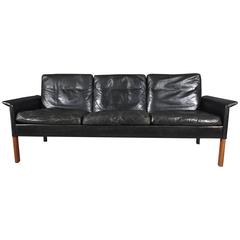 Three-Seat Sofa, Black Leather and Rosewood, Hans Olsen, Denmark, 1962