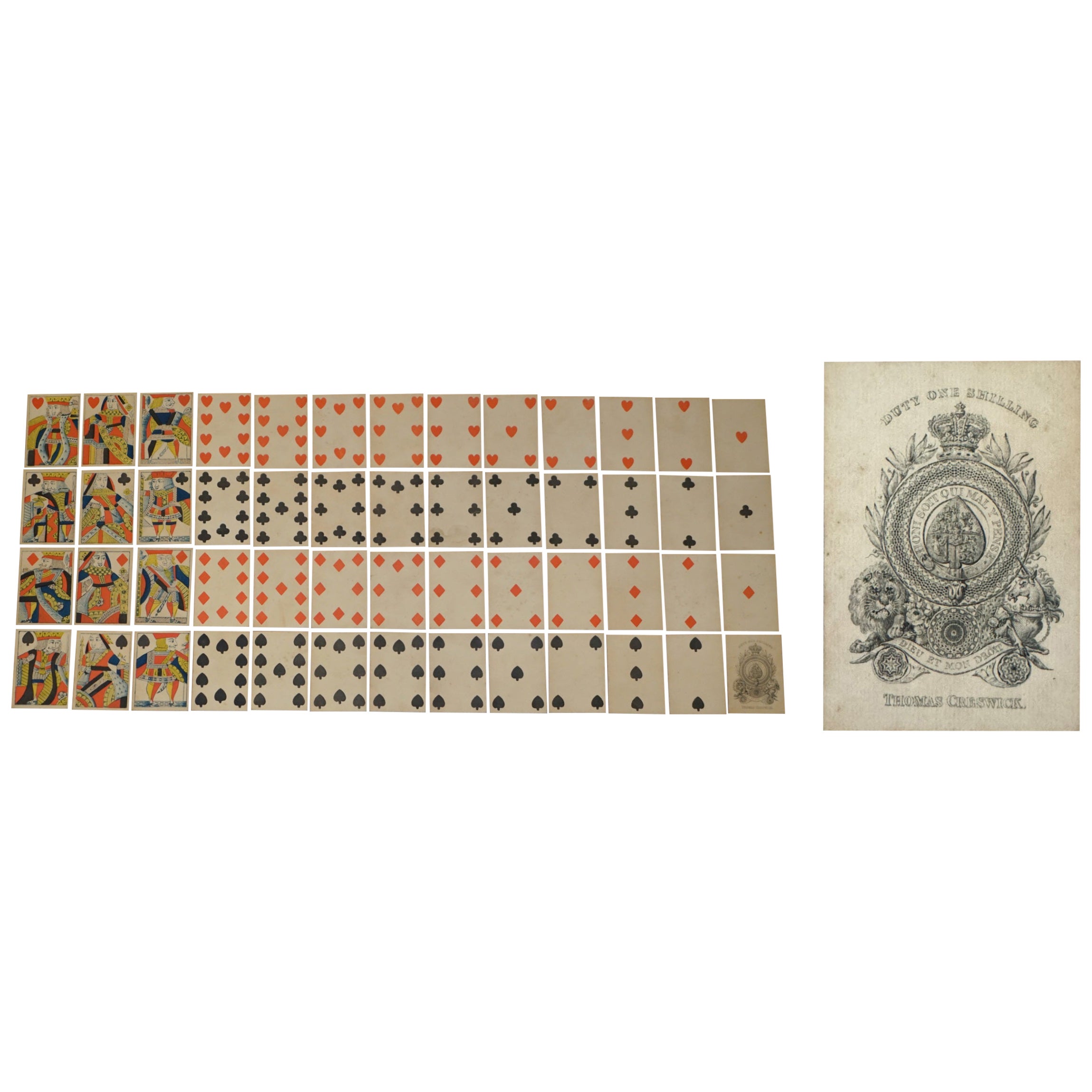ANTIQUE 1830 THOMAS CRESWICK GEORGIAN PLAYiNG CARDS WITH FIZZLE ACE OF SPADES For Sale