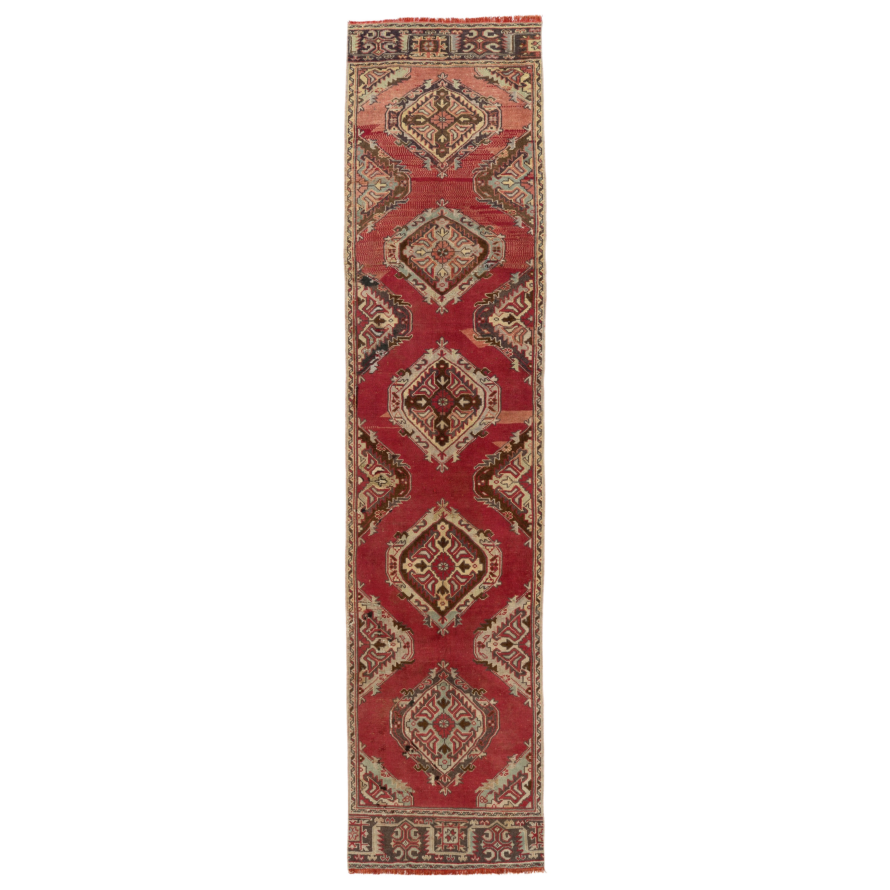 3.2x13.6 Ft Vintage Turkish Handmade Hallway Runner in Brick Red, 100% Wool Rug