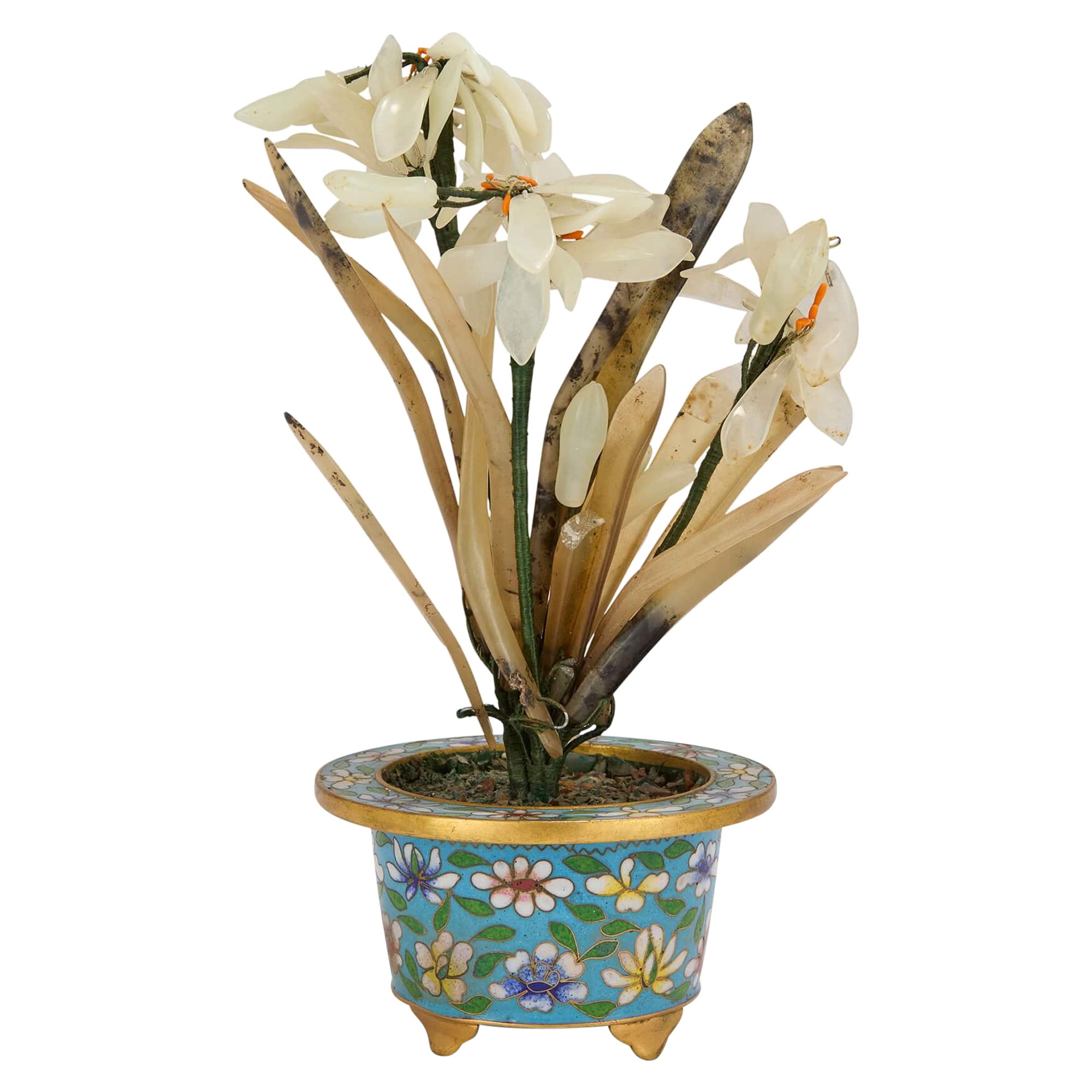 Chinese Hardstone Flower Model in a Cloisonné Enamel Planter