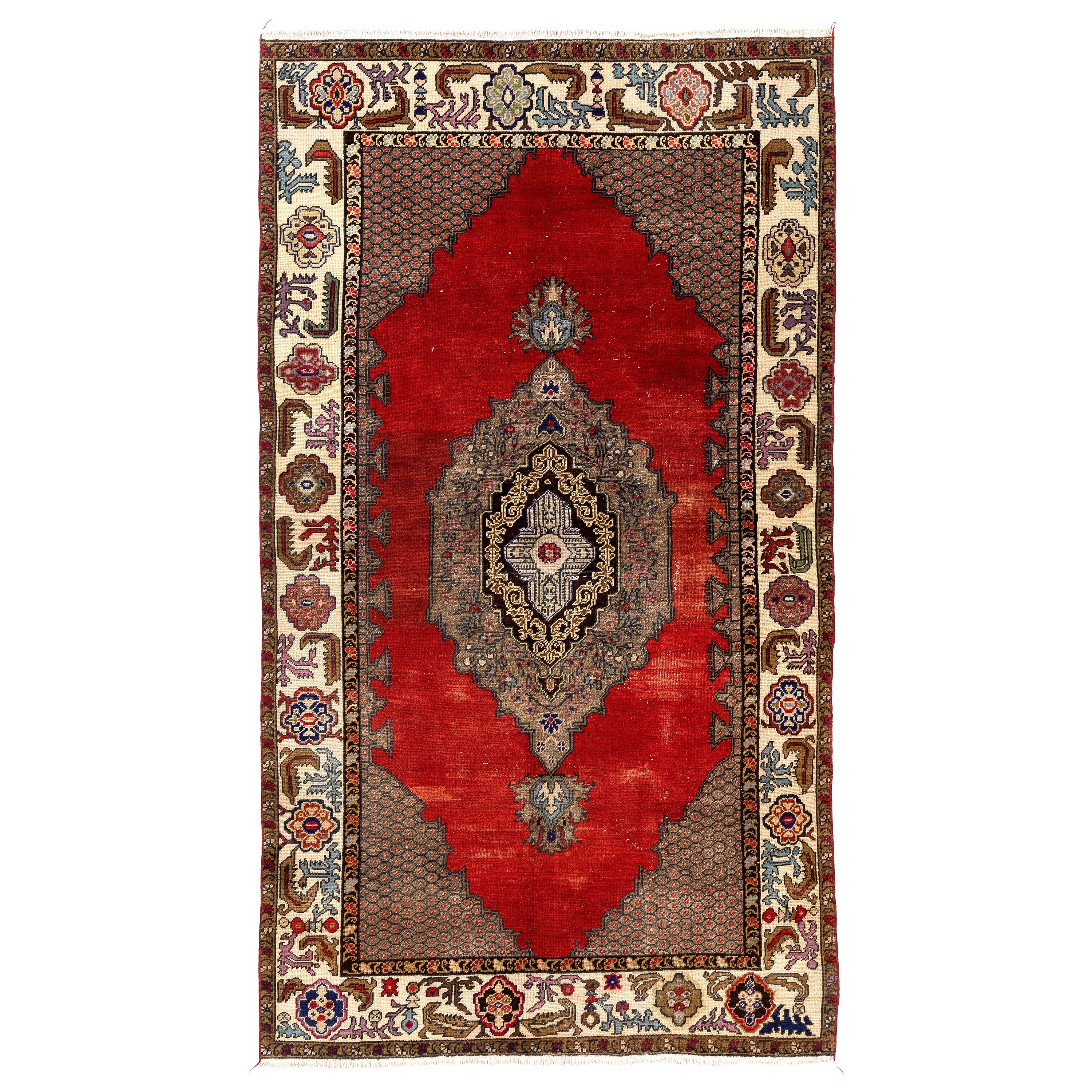 Tappeto da villaggio turco vintage fatto a mano di colore rosso e marrone, 4,6x8 piedi, unico nel suo genere