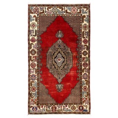 4.6x8 Ft Unique Vintage Handmade Turkish Village Rug in Red and Brown Color