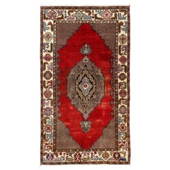 Tappeto da villaggio turco vintage fatto a mano di colore rosso e marrone, 4,6x8 piedi, unico nel suo genere