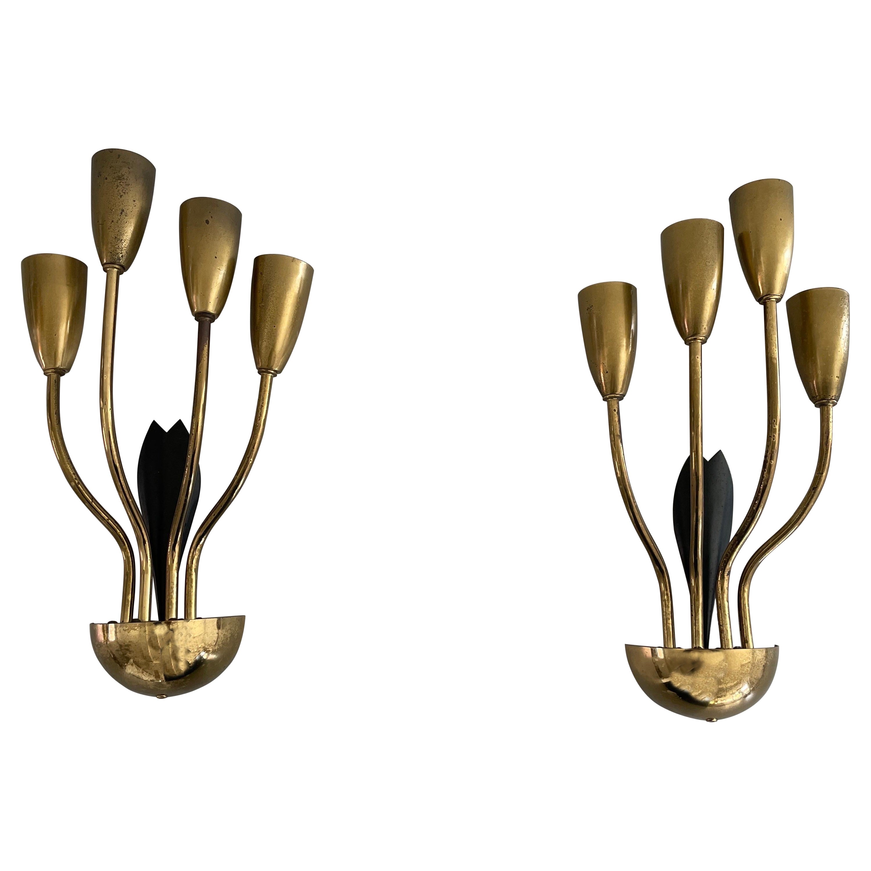 4-armed Flower Design Brass Sputnik Pair of Sconces, 1950s, Germany For Sale