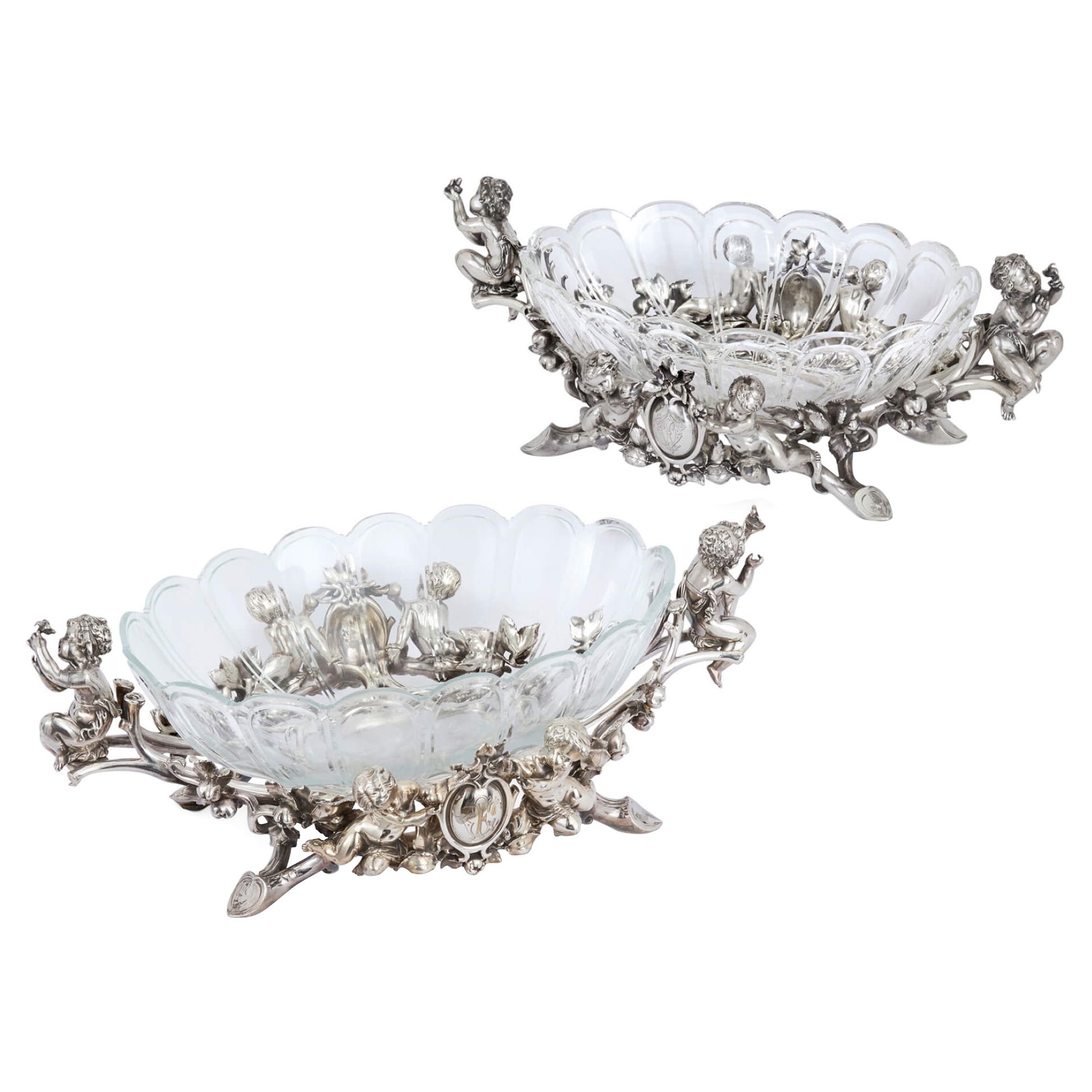Pair of Christofle Cut-Glass and Silvered Bronze Centrepieces For Sale
