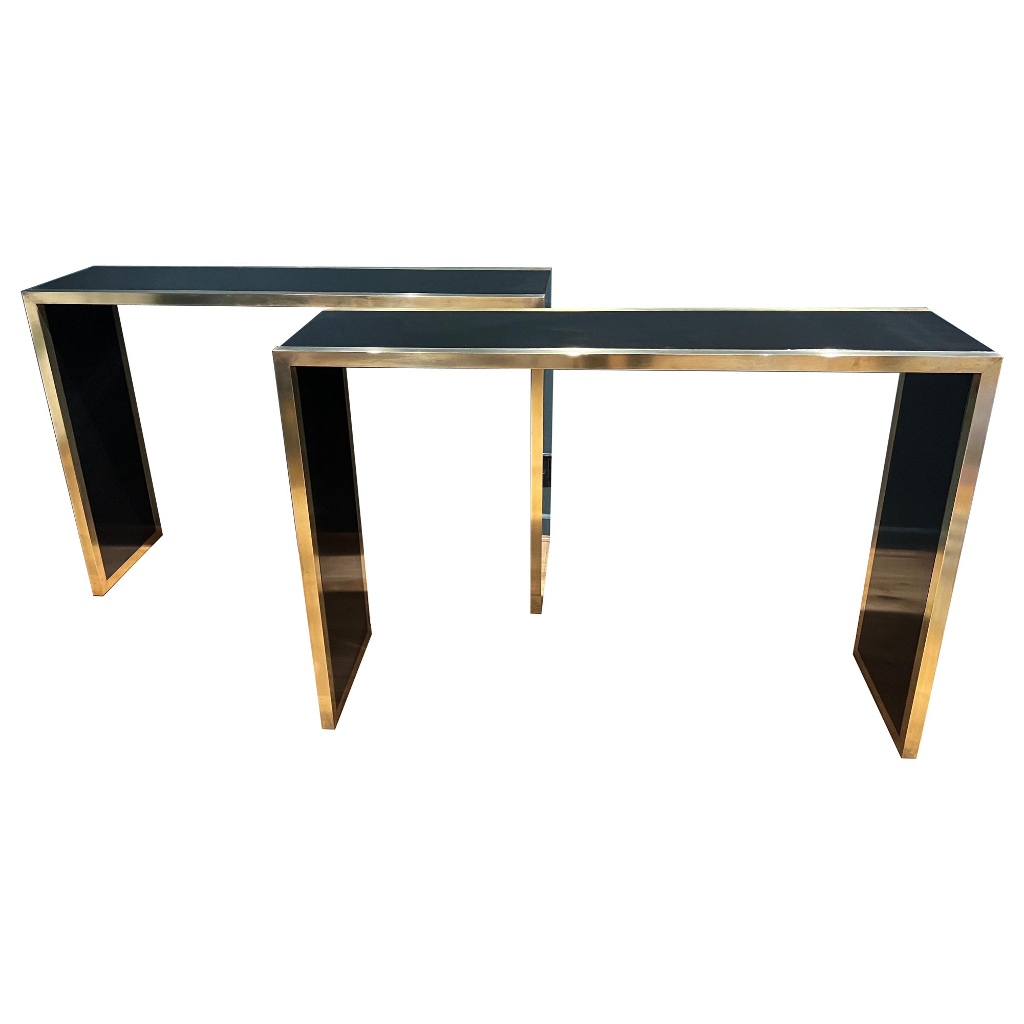 Pair of Italian brass and black lacquer console tables  For Sale