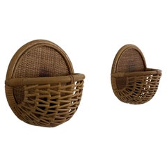 Wicker and Bamboo Round Design Pair of Wall Lamps, 1950s, Italy