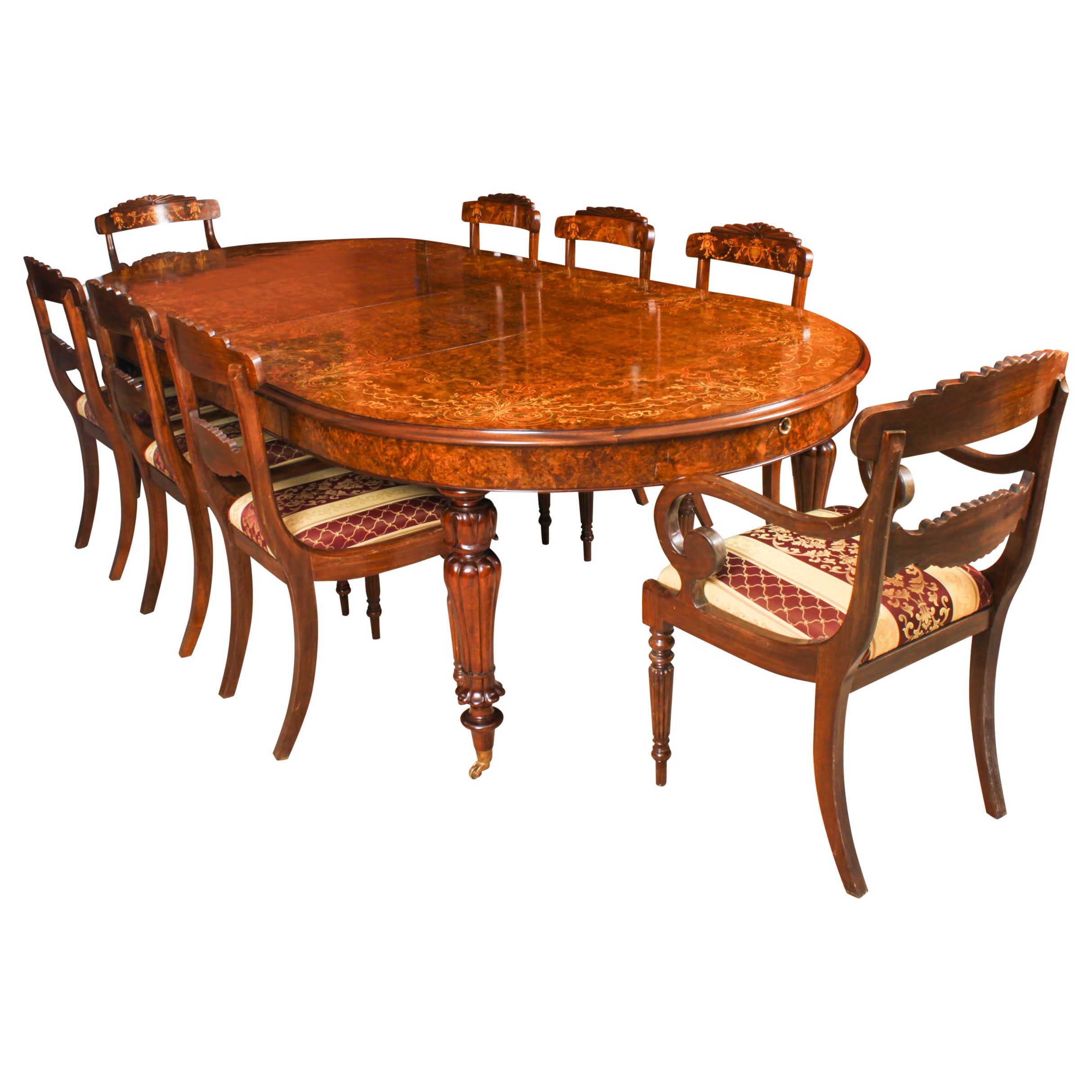 Vintage Marquetry Burr Walnut Dining Table & 8 Dining Chairs 20th Century For Sale