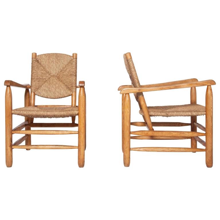 Pair of rush armchairs, ca. 1950, offered by Magen H Gallery