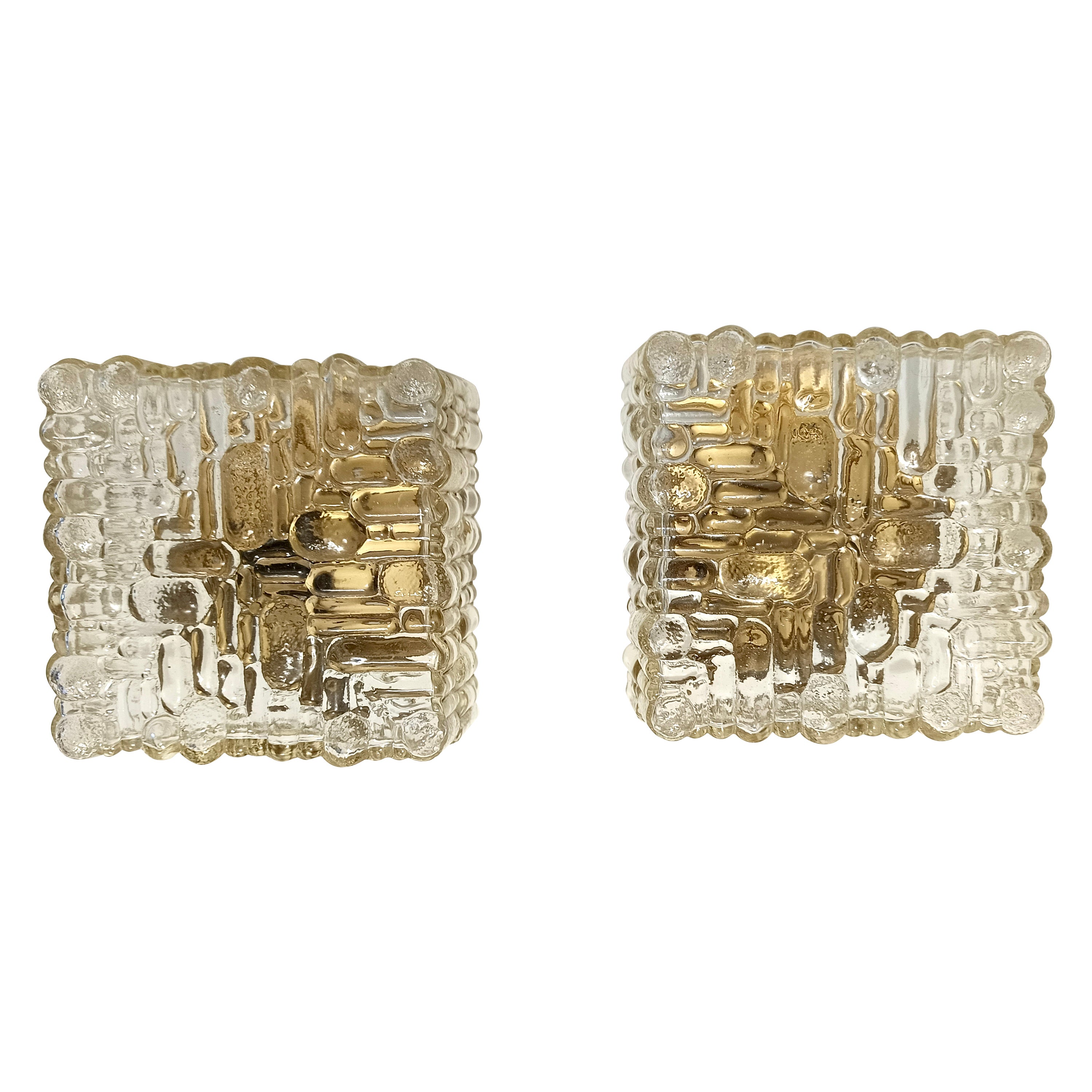 Pair of Square Molded Clear Glass and Gold Varnished Iron Wall Lights For Sale