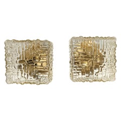 Pair of Square Molded Clear Glass and Gold Varnished Iron Wall Lights