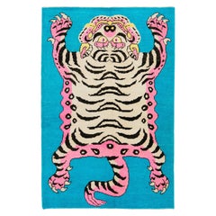 Tiger Designed Handmade Turkish Wool Rug In Blue