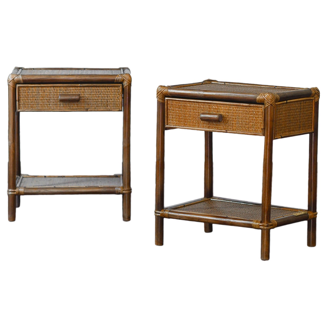 Pair of Bamboo and Wicker Bedside Tables by Edizioni Molto with Drawer and Shelf